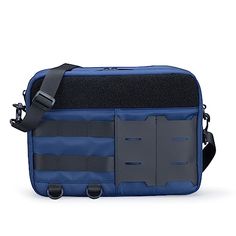 a blue and grey messenger bag with two compartments on the front, one is open