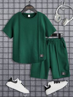 2pcs/Set Tween Boy Casual Comfortable Solid Color T-Shirt And Shorts With Letter Patch Dark Green Casual  Short Sleeve Knitted Fabric Letter  Slight Stretch Summer Tween Boys Clothing, size features are:Bust: ,Length: ,Sleeve Length: Green Themed Short Sleeve T-shirt, Cheap Green T-shirt For Playwear, Cheap Green T-shirt For Streetwear, Green Short Sleeve T-shirt For Fan Merchandise, Green Short Sleeve Fan Merchandise T-shirt, Boys Set, Green Shirt, Boys Casual, T Shirt And Shorts