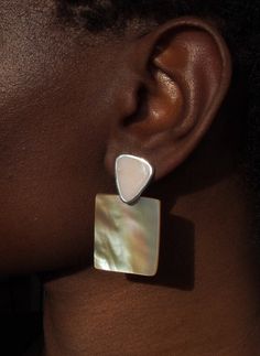 On-ear image of sterling silver earring with pink opal stud and mother of pearl Pendulum Earrings, Volcanic Ash, Pearl Pink, Mother In Law Gifts, Opal Studs, Summer Weddings, Organic Form, Earrings Pink, Deep Pink