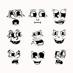 cartoon faces drawn in black and white with different expressions