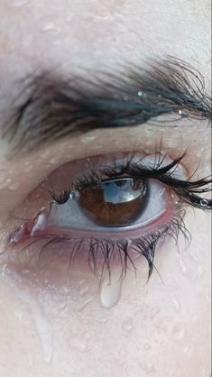 a woman's eye with water drops on the outside of her iris and eyelashes