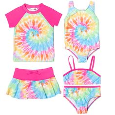 PRICES MAY VARY. Rainbow tie-dye toddler girls cute and stylish five piece bathing suit set including matching short sleeve rash guard shirt, full coverage swim bottoms, bikini top, swim skort and one-piece Featuring a classic tie-dye spiral design on swimming suit set with pink accent spaghetti straps, waist, faux drawstring bow and contrast raglan sleeves Awesome sublimation print design; UPF 50+ material for UVB and UVA protection and worry-free sun time; 4 way stretch fabric, elastic leg ope Full Coverage Swim Bottoms, Swim Skort, Rainbow Tie, Swimsuit Set, 4 Way Stretch Fabric, Swimwear Fashion, Rash Guard, Toddler Girls, Bathing Suit