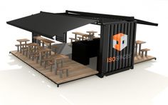 an outdoor bar with tables and stools is shown in this 3d image, it appears to be made out of shipping containers