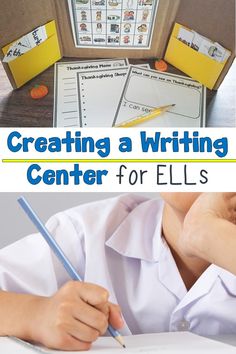 a person writing on a piece of paper with the title creating a writing center for ells