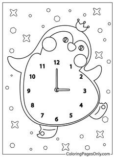 a penguin clock with numbers on it and stars around the clock, for coloring pages only