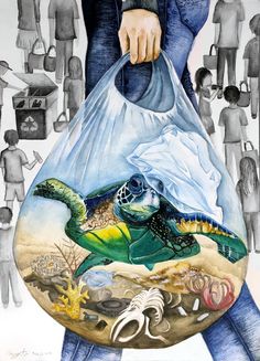 a drawing of a woman carrying a bag with a turtle on it's back