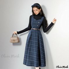 Olivia Mark - Long Sleeve High Neck Black Knit Sweater with Plaid Pinafore Dress Two-Piece Set White Evening Gowns, Cottagecore Fashion, Strappy Dress, Black Knit Sweater, Extra Long Sleeves, Round Neck Dresses, Strappy Dresses, Pinafore Dress, Two Piece Outfit