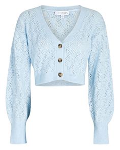 INTERMIX Women's Brea Cropped Pointelle-Knit Cardigan with Buttons Style# DLKR1630-MN-IMX-EXCL, Color: Light Blue, Size: Women's Regular Large Fabric: 48% polyamide, 25% wool, 17% acrylic, 10% cashmere NEW WITH TAGS Please know that ALL our products are packed with the utmost care to make sure your item is received in the same condition it is shipped. THANK YOU FOR SUPPORTING SMALL BUSINESS! Blue Pointelle Knit Long Sleeve Cardigan, Fitted Blue Open Knit Cardigan, Blue Winter Pointelle Knit Cardigan, Elegant Blue Knit Cardigan, Blue Open Knit V-neck Sweater, Blue Pointelle Knit Cardigan, Blue Cable Knit Cardigan For Spring, Chic Blue Pointelle Knit Sweater, Blue Cable Knit V-neck Cardigan