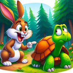 two rabbits and a tortoise are in the forest with one rabbit pointing at the turtle