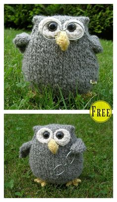 two pictures of an owl stuffed animal in the grass