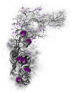 an artistic tattoo design with purple flowers and skulls on the side of a white background