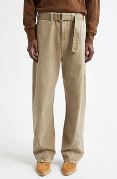 In these belted cotton pants, a purposeful twist to the seamwork seems to pare back the outsized silhouette. Zip fly with hook-and-bar closure Front welt pockets; back patch pockets Removable belt 100% cotton Hand wash, dry flat Imported Designer Clothing Casual Cotton Pants With Belted Cuffs, Belted Straight Cotton Pants, Belted Wide Leg Cotton Bottoms, Cotton Wide Leg Pants With Belt, Belted Cotton Bottoms With Relaxed Fit, High Waist Belted Cotton Jeans, Utility Style Belted Cotton Bottoms, Belted Straight Leg Cotton Bottoms, Belted Relaxed Fit Cotton Bottoms