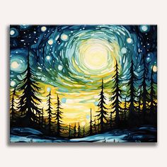 a painting of trees and the night sky with stars in it, painted on canvas