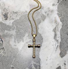 "《《 SPIRITUAL COLLECTION 》》 THE DETAILS The \"GOLD TWISTED CROSS\" Necklace is designed with an exquisitely detailed Gold Stainless Steel Twisted Cross Pendant, hung from a Gold Stainless Steel Box Chain available in your choice of length! This is a 5 STAR RATED Necklace!! 💠🔶️💠View entire SPIRITUAL COLLECTION here: https://www.etsy.com/shop/mrmackjewelry/?section_id=27046119 MATERIALS * 1 3/4\" × 1 1/4\" Gold Stainless Steel Twisted Cross Pendant * 3mm Gold Stainless Steel Box Chain * Gold St Gold Stainless Steel Cross Necklace With Adjustable Chain, Gold Stainless Steel Cross Jewelry, Gold Cross Pendant Necklace With Box Chain, Gold Cross Necklace With Box Chain, Gold Adjustable Chain Jewelry For Father's Day, Gold Cross Necklace With Chain As Gift, Father's Day Gold Jewelry With Adjustable Chain, Gold Stainless Steel Cross Necklace As Gift, Gold Stainless Steel Cross Necklace For Gift