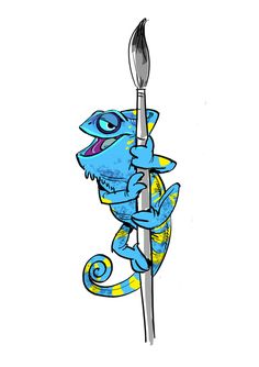 a drawing of a blue chamelon holding onto a metal pole with a toothbrush in it's mouth