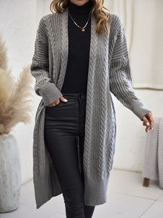 Grey Casual Collar Long Sleeve Fabric Plain Cardigan Embellished Slight Stretch  Women Knitwear Light Gray Long Cardigan Outfit, Long Grey Cardigan Outfit Work, Long Gray Cardigan Outfit Winter, Grey Knitted Cardigan Outfit, Outfits With Gray Cardigan, Oversized Grey Cardigan Outfit