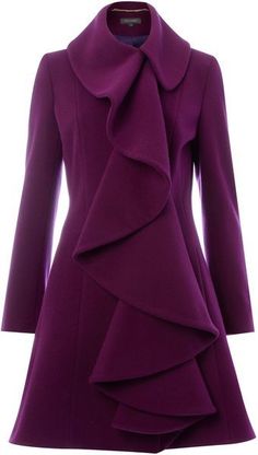 Pied A Terre Purple Ruffle Front Coat Mode Kimono, Purple Coat, Dresses Ideas, Mode Inspiration, Coat Dress, Deep Purple, Farmer