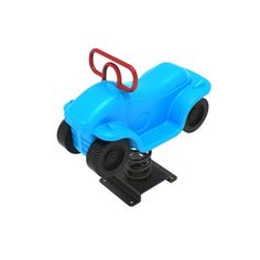 a blue plastic toy car sitting on top of a black stand with a red handle