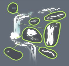 an image of a waterfall in the middle of some water with green circles around it