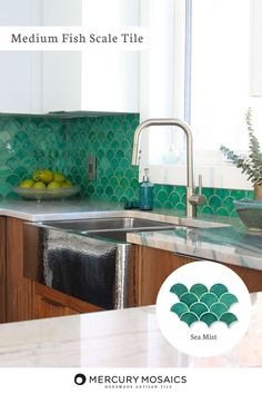 a kitchen with white cabinets and green tiles on the backsplash is featured in this article