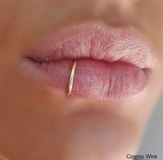 a woman's lip with a tiny gold nose ring on top of her lip