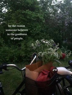 a basket with flowers in it sitting on the back of a bike next to some trees