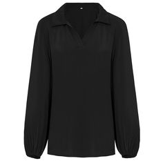 Black Solid V Neck Long Sleeve Shirt V-neck Office Top For Winter, V-neck Top For Office Wear In Winter, Winter V-neck Office Top, Black Collared Top For Fall, Black Collar Tops For Fall, Black Collared Shirt For Fall, Black Shirt For Winter Workwear, Black Winter Workwear Shirt, Black Collared Blouse For Fall