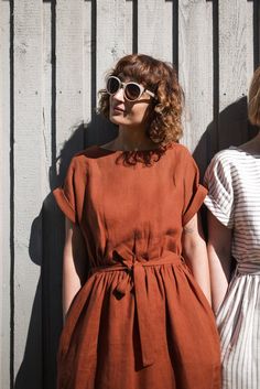 Linen Tie Belt Dress In Redwood / OFFON CLOTHING | Etsy Tie Belt Dress, Family Picture Outfits, Short Kimono, Picture Outfits, Vestidos Vintage, Moda Vintage, Mode Inspo, Handmade Dresses, Fashion Mode