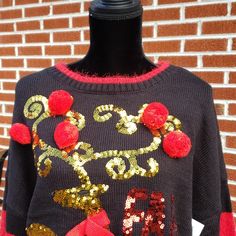 Nwt Black And Red Sweater With Red Pompoms Red Sequins Spell Out "Fab" "Yule" "Ous" Size Xl = 16-18 100% Body Acrylic On Sleeves 68/32 Acrylic/Polyester *Approximated Measurements* Neck 8", Sleeve 21.5", Waist 23", Length 26". Red Holiday Party Sweater, Red Festive Winter Sweater, Black Sweater For Holiday In Fall, Red Christmas Party Sweater, Casual Red Sweater For Party, Navy Blue Crewneck, Gap Sweater, Red Sequin, Red Sweater