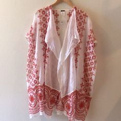 Nwt, Sheer With Red Embroidery Flowers Beach Poncho Cover Up With Approximately 34” Length. Red Embroidered Summer Kaftan, Red Cotton Kaftan For Spring, White Embroidered Summer Cover-up, White Embroidered Spring Cover-up, Embroidered White Cover-up For Vacation, Summer Embroidered One Size Kimono, White Embroidered Cover-up For Beach Season, Summer Embroidered Kimono, Embroidered One-size Summer Kimono