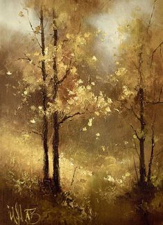 an oil painting on canvas of trees in the woods with yellow and white leaves, by person