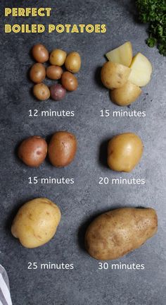 potatoes, carrots, and other vegetables are shown on a gray surface with the words perfect boiled potatoes