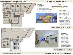 the floor plan for this modern home is shown in three different colors and sizes, including white