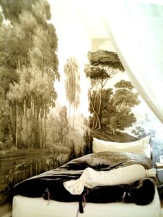 a bed sitting under a window next to a forest wallpaper covered in black and white trees