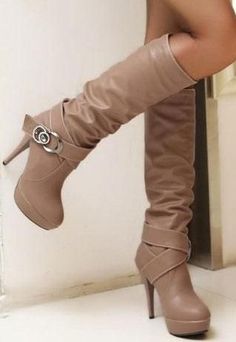 DOUBLE STRAP BUCKLE HIGH HEEL KNEE BOOTS IN BROWN, Idk why I have such an obssesion with boots.lol Bobbies Shoes, High Heel Stiefel, High Heeled Boots, Dr Shoes