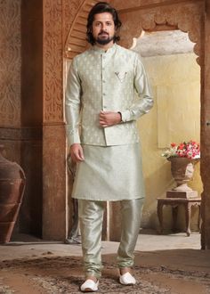 #green #readymade #kurta #pajama #nehru #jacket #looking #handsome #new #arrivals #ethnic #outfit #ootd #mens #fashion #indian #attire #online #shopping Pastel Green Kurta Men, Gents Kurta Design, Gents Kurta