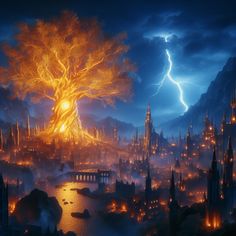 a painting of a city with lightning in the sky and trees on top of it