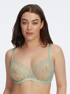 A new addition to a Skarlett Blue favorite, the Entice Collection. Our Entice lace is incorporated into a style with added coverage and support for fuller cup sizes. Signature eyelash scalloped edge neckline is the perfect addition under any shirt. Complete the set with our Entice Brief. Non-padded underwire 4 piece seamed cup provides added support and coverage 2-ply side sling 2-ply fabric backs with encased elastic for a smoothing and comfortable fit Open neckline is finished with eyelash sca Green Lace Bra With Padded Cups, Green Lace Bra With Lace Trim, Elegant Green Bra With Lace Trim, Elegant Green Lace Bra, Bra Top Outfit, Sheer Bras, Tato Flash, Lace Balconette, Lace Bra Top