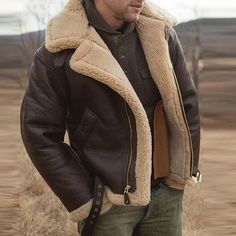 Casaco casual com capuz e pele marrom com zíper Mens Shearling Coat, Soft Streetwear, Fur Coat Men, Faux Leather Jacket Men, Streetwear Coat, Winter Leather Jackets, Fur Hood Jacket, Mens Fur, Casual Outerwear