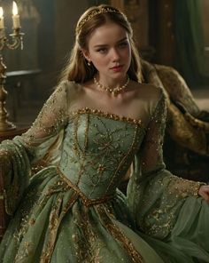 Green Period Dress, Green Dresses Royal, Queen Dresses Aesthetic, Green Royalcore Aesthetic, Vintage Princess Gown, Green Dress Aesthetic Royal, Medieval Princess Dresses, Throne Of Glass Outfits, House Of The Dragon Clothes Aesthetic