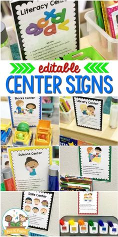 the center signs are organized and ready to be used for children's learning centers