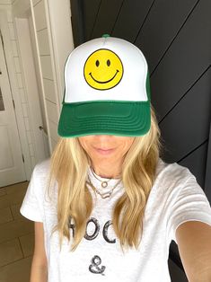 Adorable and so much fun!! This Smiley Face Vintage Trucker hat sits high for that cool Cali surfer vibe. Fully adjustable, foam backing with cotton front, trucker style with a mesh back. Perfect for the beach, sun, or just a bad hair day. Get ready for Summer!! Green Fun Snapback Trucker Hat, Fun Green Snapback Trucker Hat, Green Snapback Trucker Hat, Fun Style, Fun Green Adjustable Trucker Hat, Fun Green Trucker Baseball Cap, Fun Green Baseball Cap One Size, Fun Green Baseball Cap, Fun Green Baseball Cap With Curved Brim, Fun Snapback Trucker Hat