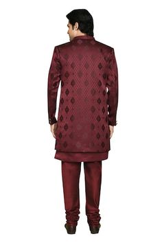 Maroon sherwani featuring feather pattern all over. Paired with a sleeveless, feather detailed hem inner kurta. - Aza Fashions Navratri Designer Sherwani With Naqshi Detailing, Designer Naqshi Sherwani For Navratri, Navratri Designer Sherwani With Naqshi, Fitted Traditional Wear With Naqshi For Navratri, Traditional Drape Sherwani For Reception Navratri, Traditional Drape Sherwani For Reception And Navratri, Traditional Drape Sherwani For Reception During Navratri, Festive Suits With Pallu For Diwali, Wedding Sherwani With Naqshi For Navratri