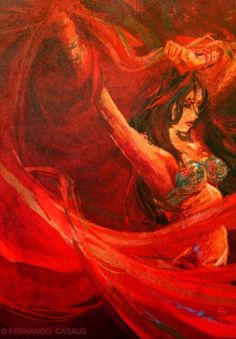 a painting of a woman dancing with red fabric