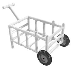 a white plastic cart with wheels and two black spokes on each side, for storage