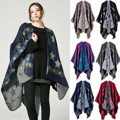 Womens Trendy Cashmere Like Poncho Blanket Wrap Shawl Jumper Tippet Cape Stars Poncho Wrap Shawl, Poncho Blanket, Poncho Scarf, Plaid Poncho, Poncho Wrap, Poncho Shawl, Cashmere Poncho, Cozy Scarf, Poncho Style