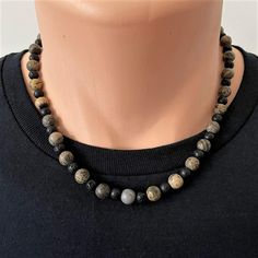 Mens Artistic Matte Stone and Black Lava Beaded Necklace-Black,Brown,Gray,Lava,mens,Necklaces Lava Beads, Lava Bead, Lava Stone, Black And Gray, Chains For Men, Stone Beads, Crochet Necklace, Pearl Necklace, Black And Grey