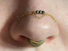 a close up view of a nose with gold chains and beads on it's side