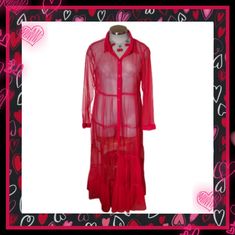 Red Tiered Sheer Tulle Maxi Shirtdress Nwot Cool, Goth Style Sheer Tulle Maxi Shirt Dress Can Be Worn As A Dress Or Open As Duster *** Runs Small Check Measurements Below *** Choose: 2x Or 3x Collared, Button Up Front Tiered Bodice Long, Button Cuff Sleeves Size: 2x Bust: 38" Waist: 36" Hip: Up To 54" Length: 54" N: 1566 Size: 3x Bust: 44" Waist: 42" Hip: Up To 56" Length: 54" N: 1568 New, Never Worn Without Tag Thrifting Ideas, High Low Chiffon Dress, Floral Beaded Dress, Burgundy Formal Dress, Hawaiian Maxi Dress, Roxy Dress, Halter Top Dresses, Goth Style, Maxi Shirt Dress