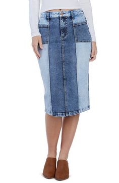 Pieced washes add eye-catching dimension to this midi skirt cut from low-stretch denim. 27" length (size 27) Zip fly with button closure Front patch pockets; back patch pockets 67% cotton, 29% REPREVE® recycled polyester, 3% rayon, 1% spandex REPREVE recycled polyester is made from 100% post-consumer recycled plastic bottles Machine wash, tumble dry Imported Fitted Knee-length Denim Jeans, Dark Wash Knee-length Denim Skirt, Knee-length Medium Wash Denim Bottoms, Mid-rise Blue Denim Skirt, Fitted Midi Length Denim Skirt, Midi Length Denim Skirt, Denim Blue Midi Length Denim Skirt, Blue Denim Skirt With Button Closure, Medium Wash Knee-length Denim Jeans